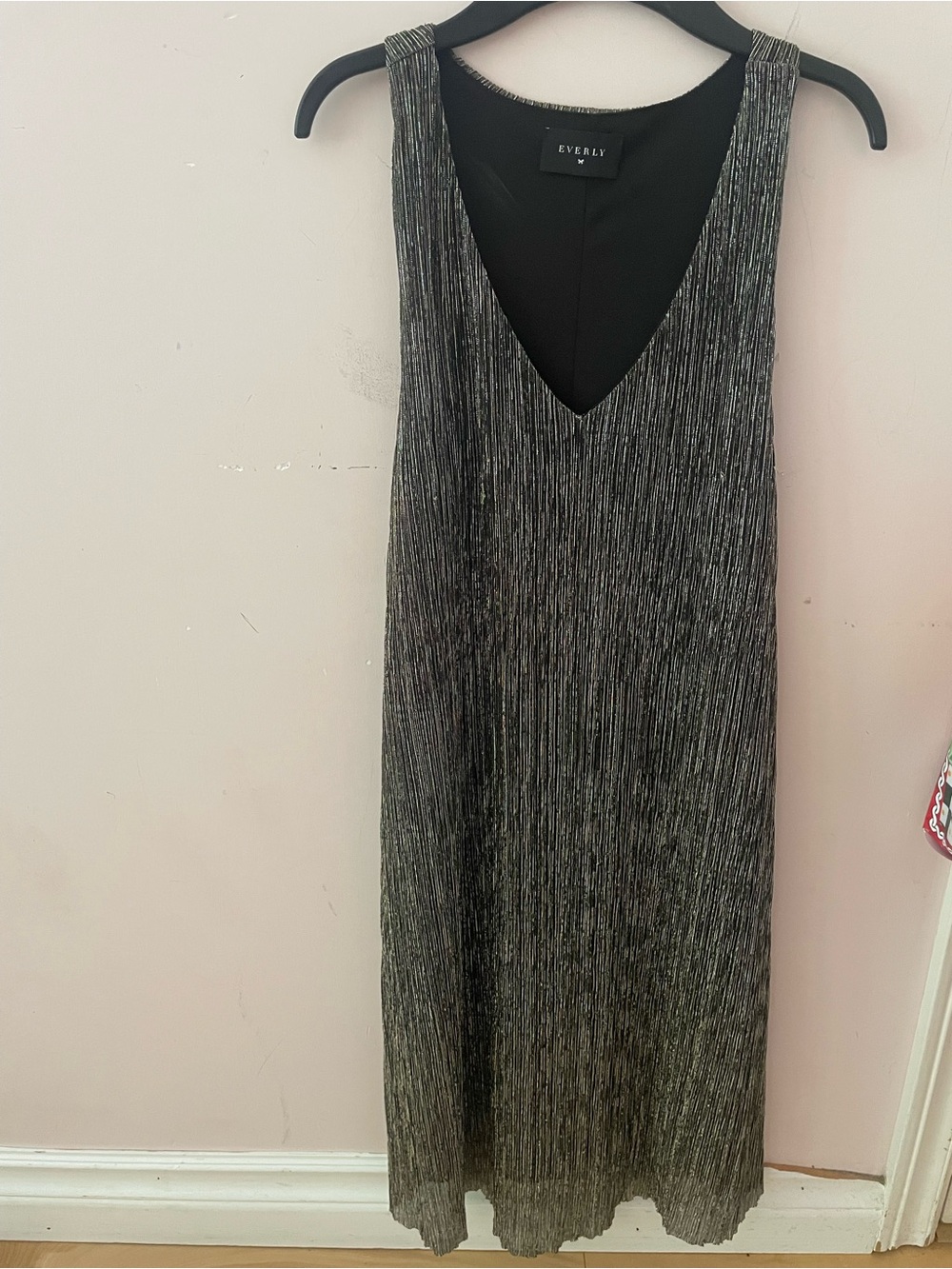 Everly Silver-Black Metallic Pleated V-Neck Midi Dress